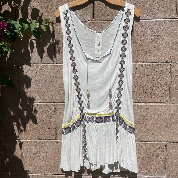 Free People Tops - NWOT Free People Embroidered Drop Waist Tunic Tassel Size Small White Cover-Up